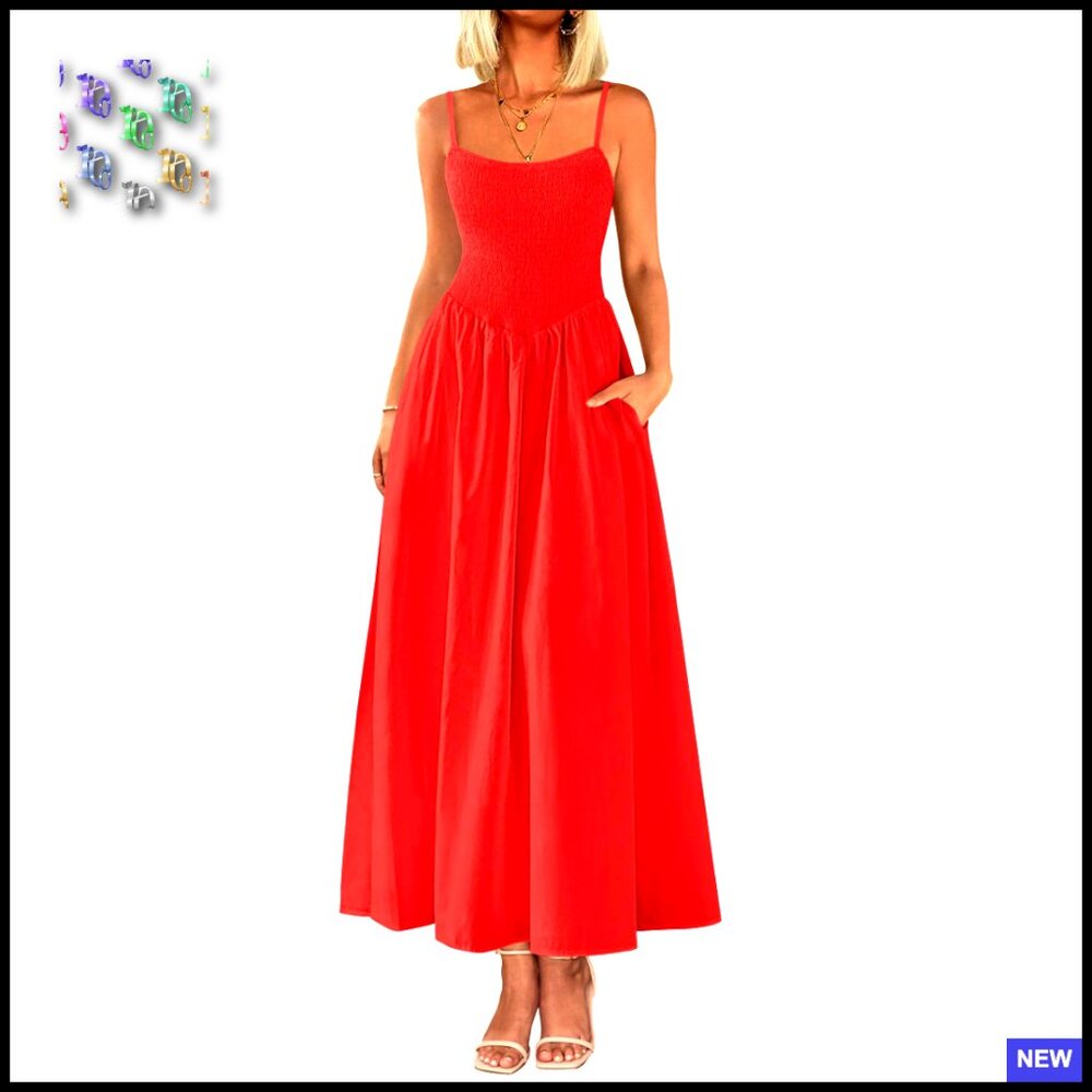 Smocked Maxi Dress Spaghetti Strap A-Line Boho Flowy Sundress Casual Summer
